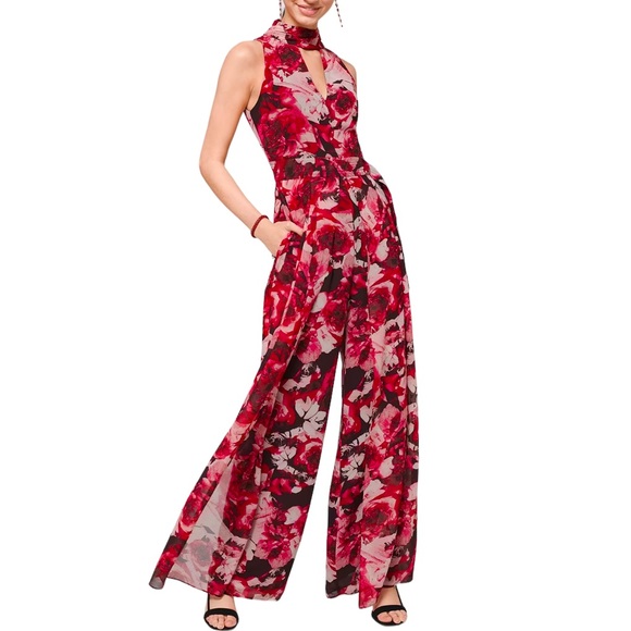 White House Black Market Pants - White House Black Market jumpsuit red floral cutout belted chiffon wide leg 4